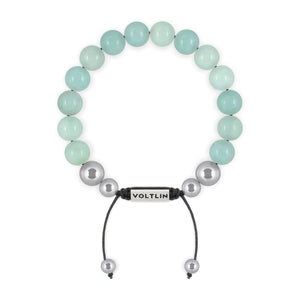 Top view of a 10mm Smooth Amazonite beaded shamballa bracelet with silver stainless steel logo bead made by Voltlin