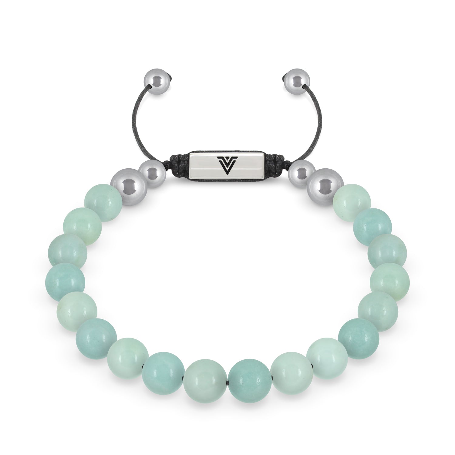 Front view of an 8mm Smooth Amazonite beaded shamballa bracelet with silver stainless steel logo bead made by Voltlin