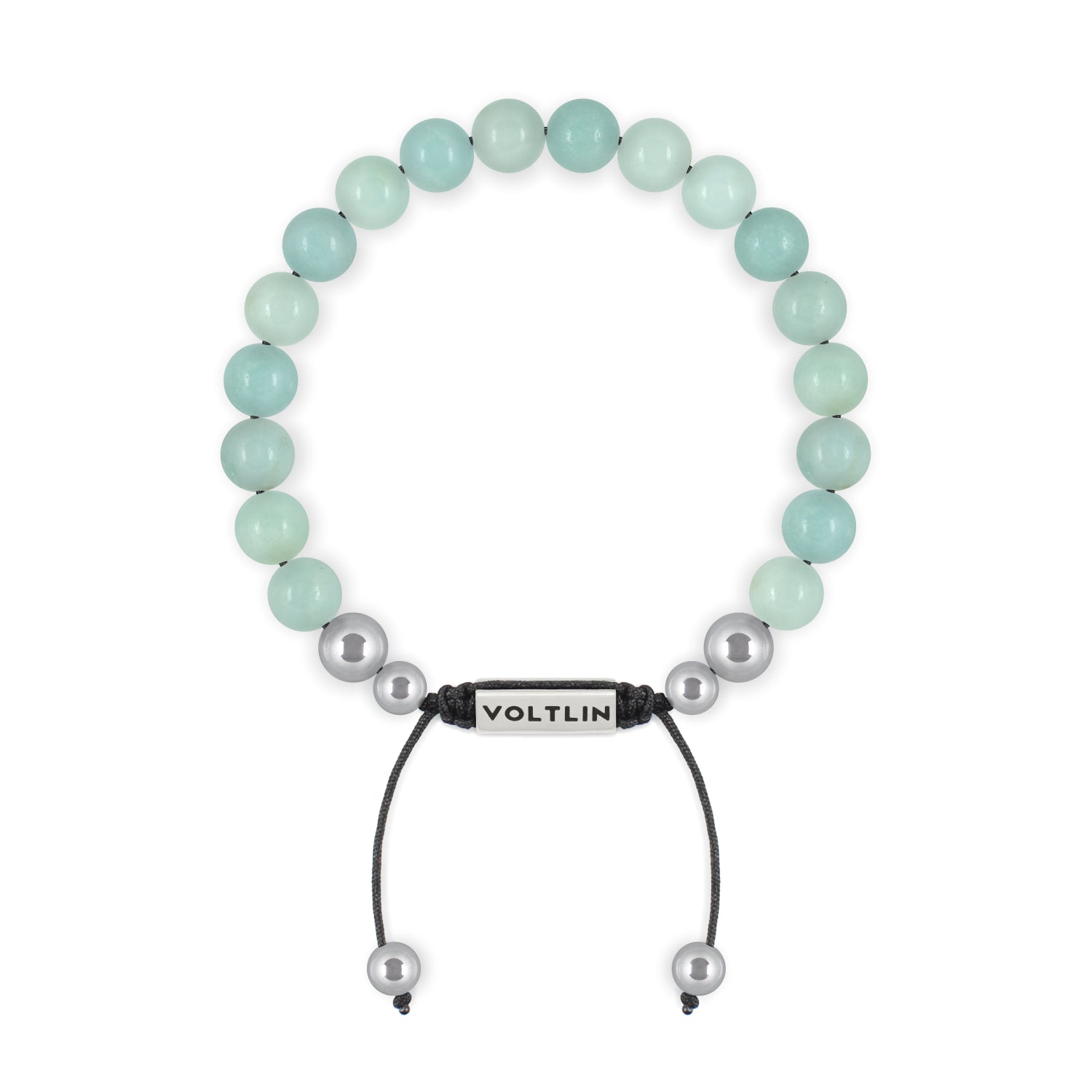 Front view of an 8mm Smooth Amazonite beaded shamballa bracelet with silver stainless steel logo bead made by Voltlin
