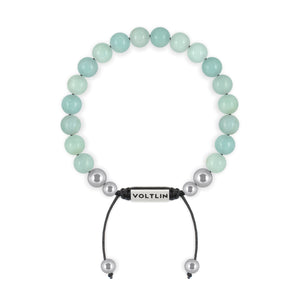 Top view of an 8mm Smooth Amazonite beaded shamballa bracelet with silver stainless steel logo bead made by Voltlin