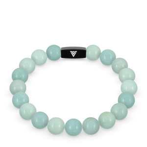 Front view of a 10mm Smooth Amazonite crystal beaded stretch bracelet with black stainless steel logo bead made by Voltlin