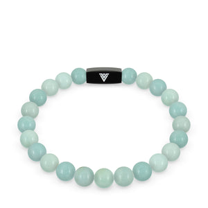 Front view of an 8mm Smooth Amazonite crystal beaded stretch bracelet with black stainless steel logo bead made by Voltlin