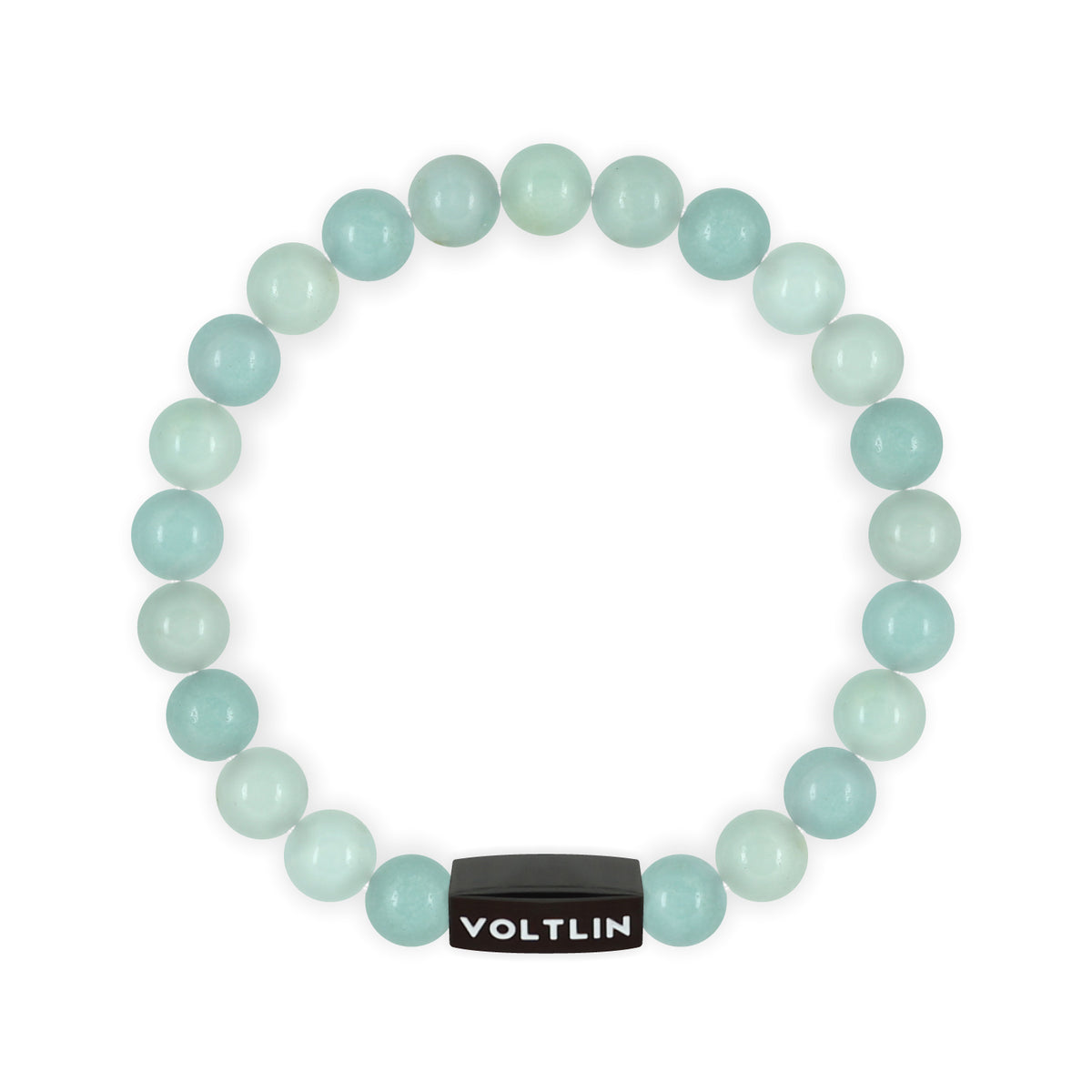 Top view of an 8mm Smooth Amazonite crystal beaded stretch bracelet with black stainless steel logo bead made by Voltlin