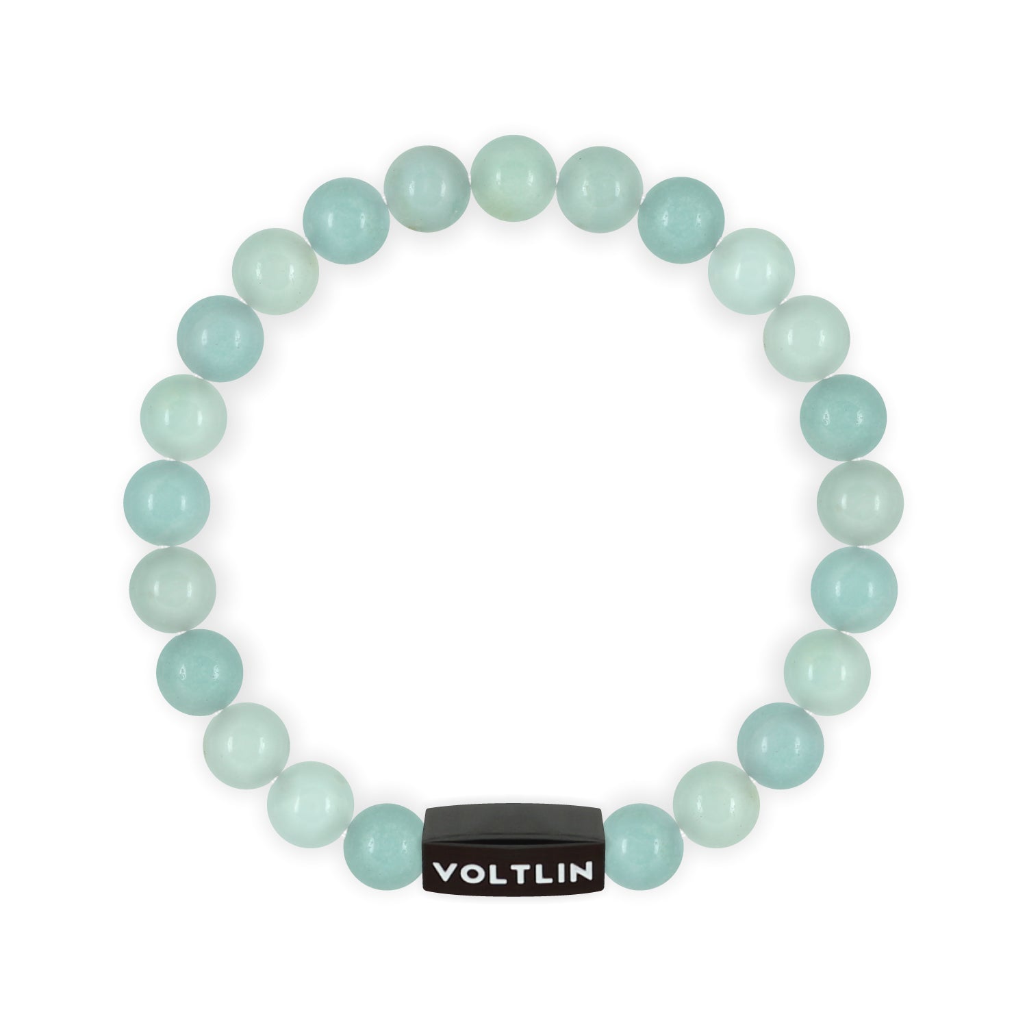 Top view of an 8mm Smooth Amazonite crystal beaded stretch bracelet with black stainless steel logo bead made by Voltlin
