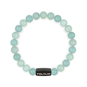 Top view of an 8mm Smooth Amazonite crystal beaded stretch bracelet with black stainless steel logo bead made by Voltlin