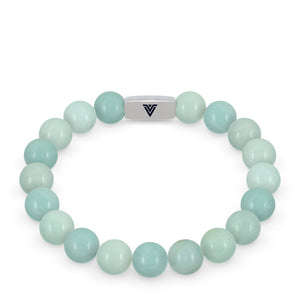 Front view of a 10 mm Smooth Amazonite beaded stretch bracelet with silver stainless steel logo bead made by Voltlin