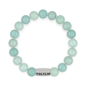 Top view of a 10 mm Smooth Amazonite beaded stretch bracelet with silver stainless steel logo bead made by Voltlin