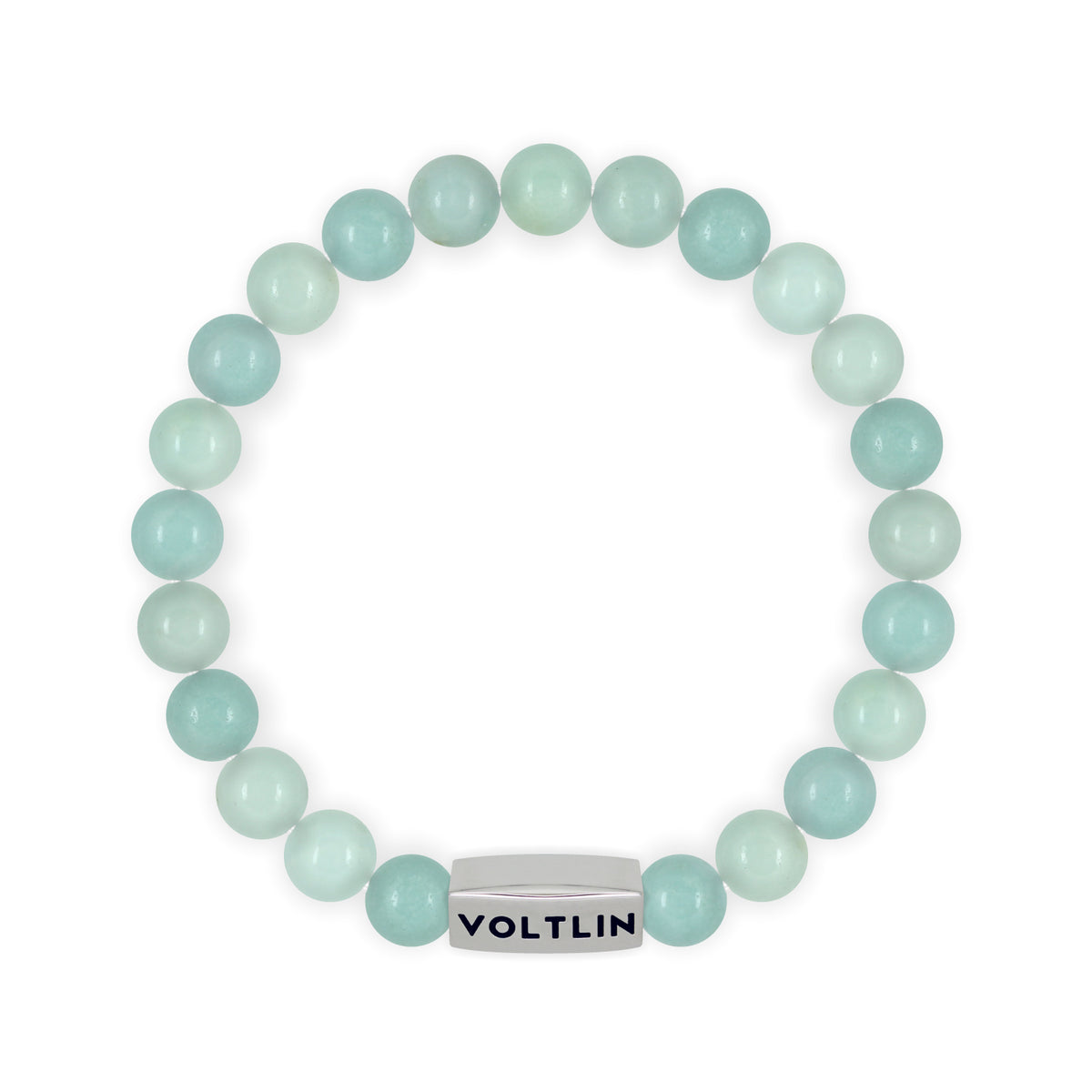 Top view of an 8 mm Smooth Amazonite beaded stretch bracelet with silver stainless steel logo bead made by Voltlin