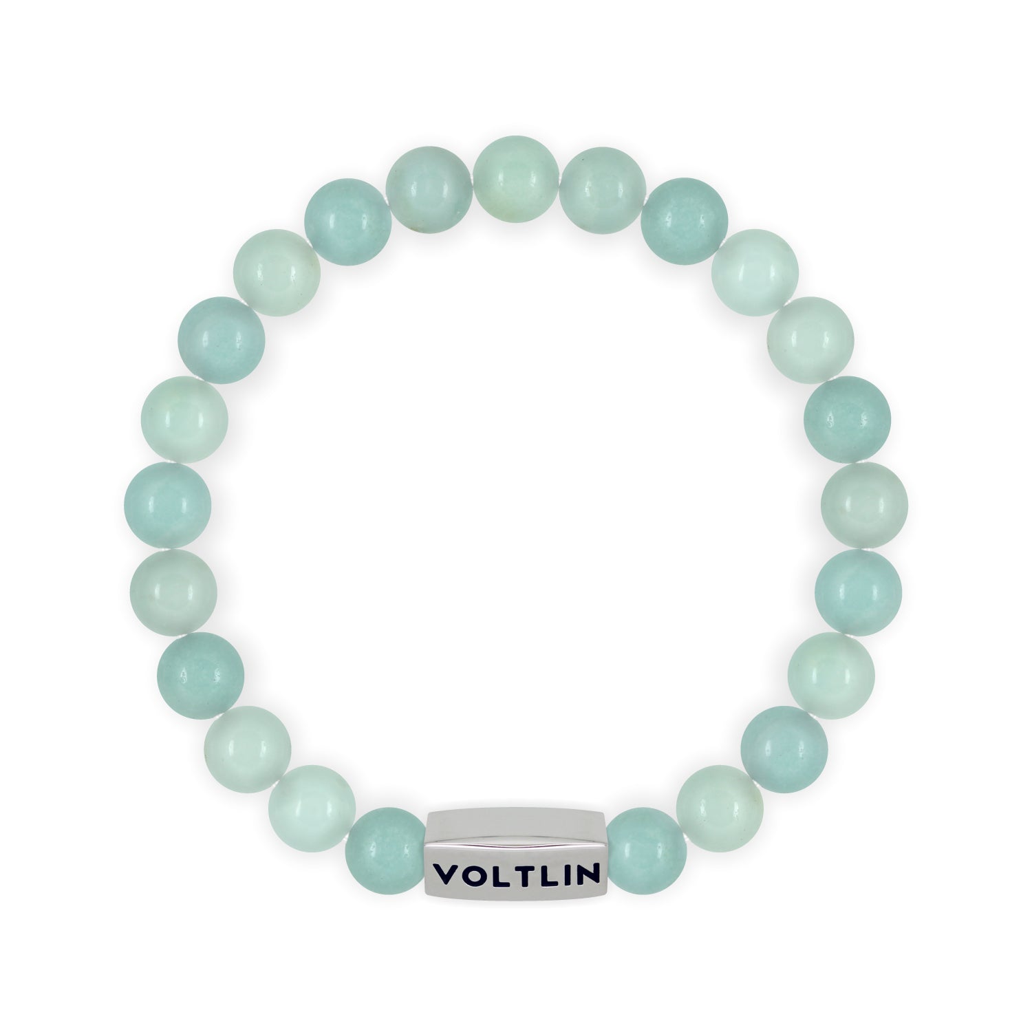 Front view of an 8mm Smooth Amazonite beaded stretch bracelet with silver stainless steel logo bead made by Voltlin