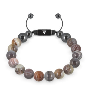 Front view of a 10mm Smooth Botswana Agate crystal beaded shamballa bracelet with black stainless steel logo bead made by Voltlin