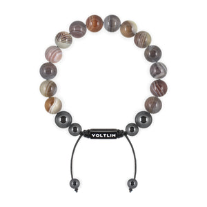 Top view of a 10mm Smooth Botswana Agate crystal beaded shamballa bracelet with black stainless steel logo bead made by Voltlin