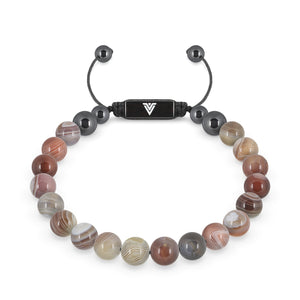 Front view of an 8mm Smooth Botswana Agate crystal beaded shamballa bracelet with black stainless steel logo bead made by Voltlin