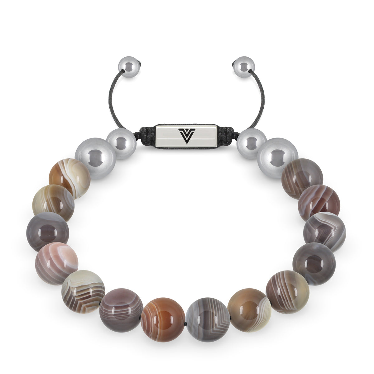 Front view of a 10mm Smooth Botswana Agate beaded shamballa bracelet with silver stainless steel logo bead made by Voltlin