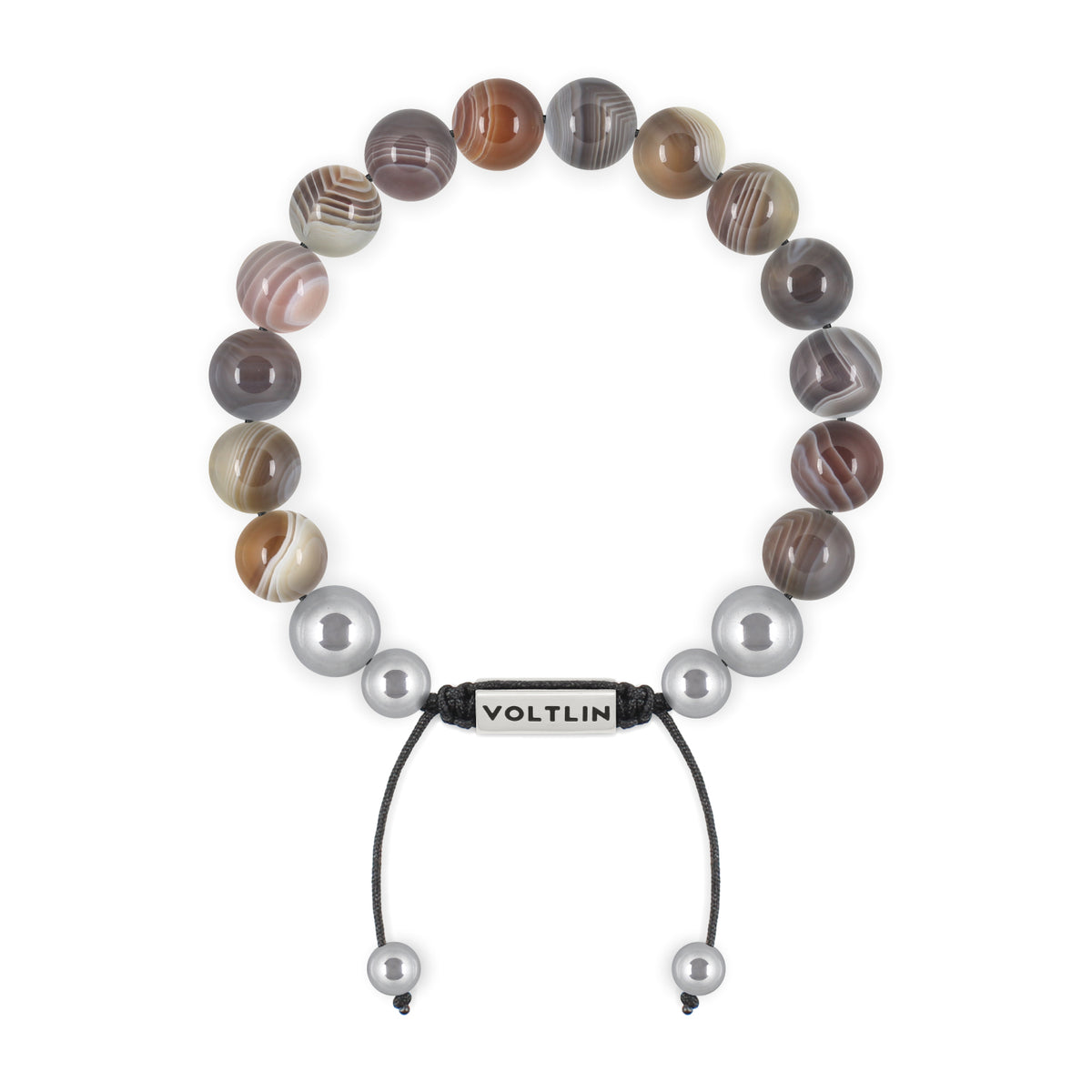 Top view of a 10mm Smooth Botswana Agate beaded shamballa bracelet with silver stainless steel logo bead made by Voltlin