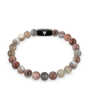 Front view of an 8mm Smooth Botswana Agate crystal beaded stretch bracelet with black stainless steel logo bead made by Voltlin
