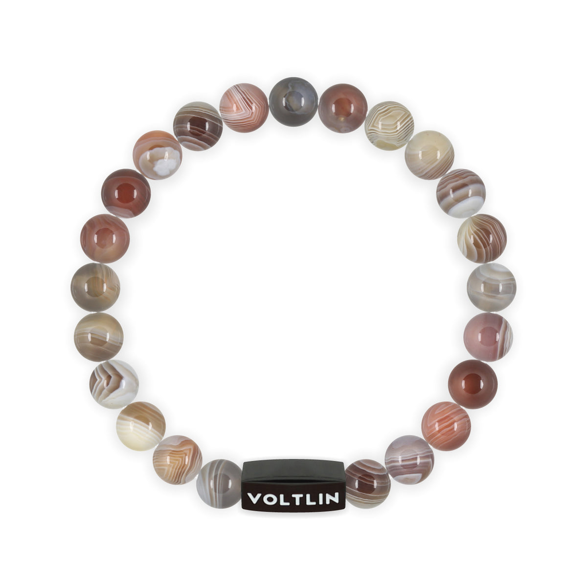 Top view of an 8mm Smooth Botswana Agate crystal beaded stretch bracelet with black stainless steel logo bead made by Voltlin