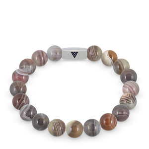 Front view of a 10mm Smooth Botswana Agate beaded stretch bracelet with silver stainless steel logo bead made by Voltlin