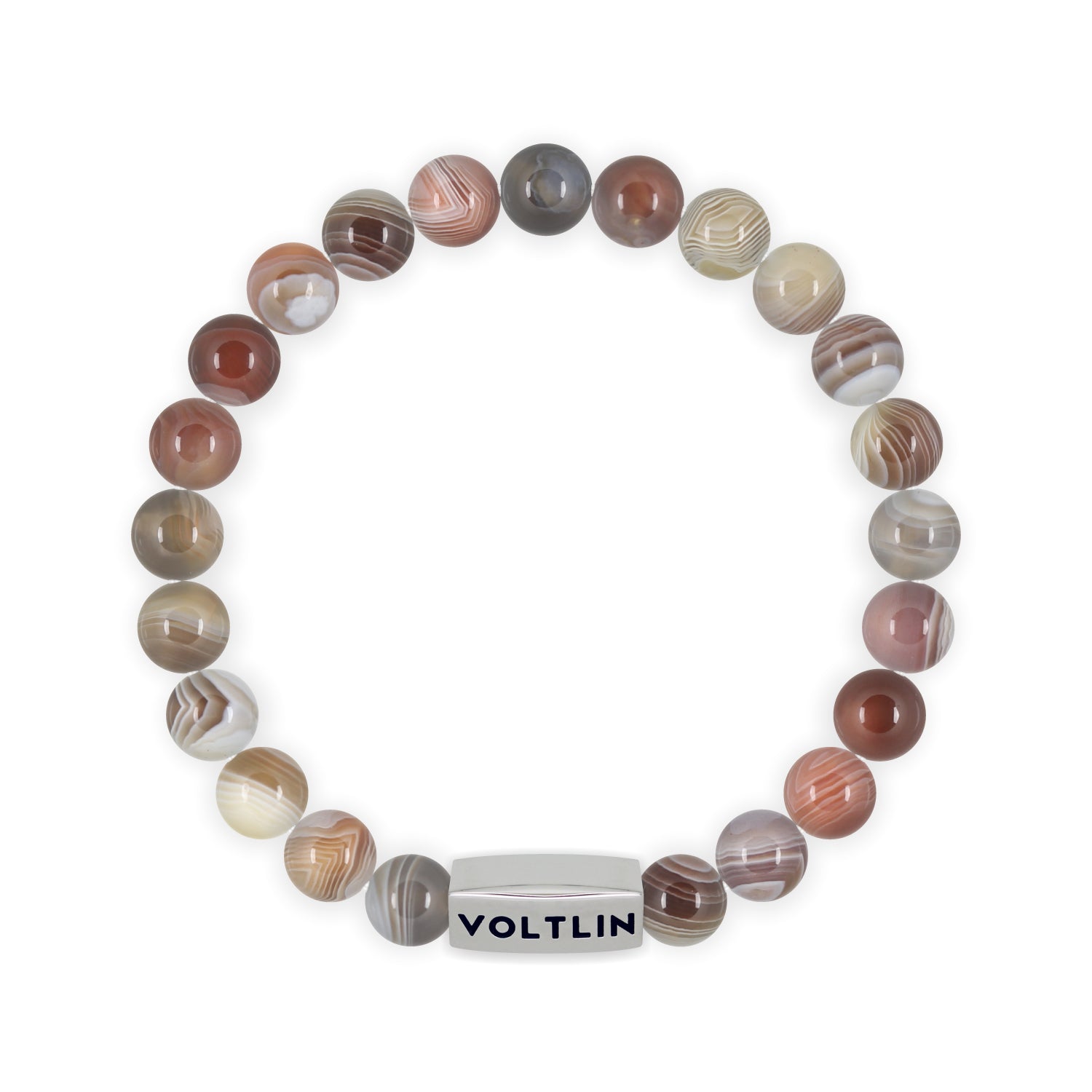 Front view of an 8mm Smooth Botswana Agate beaded stretch bracelet with silver stainless steel logo bead made by Voltlin