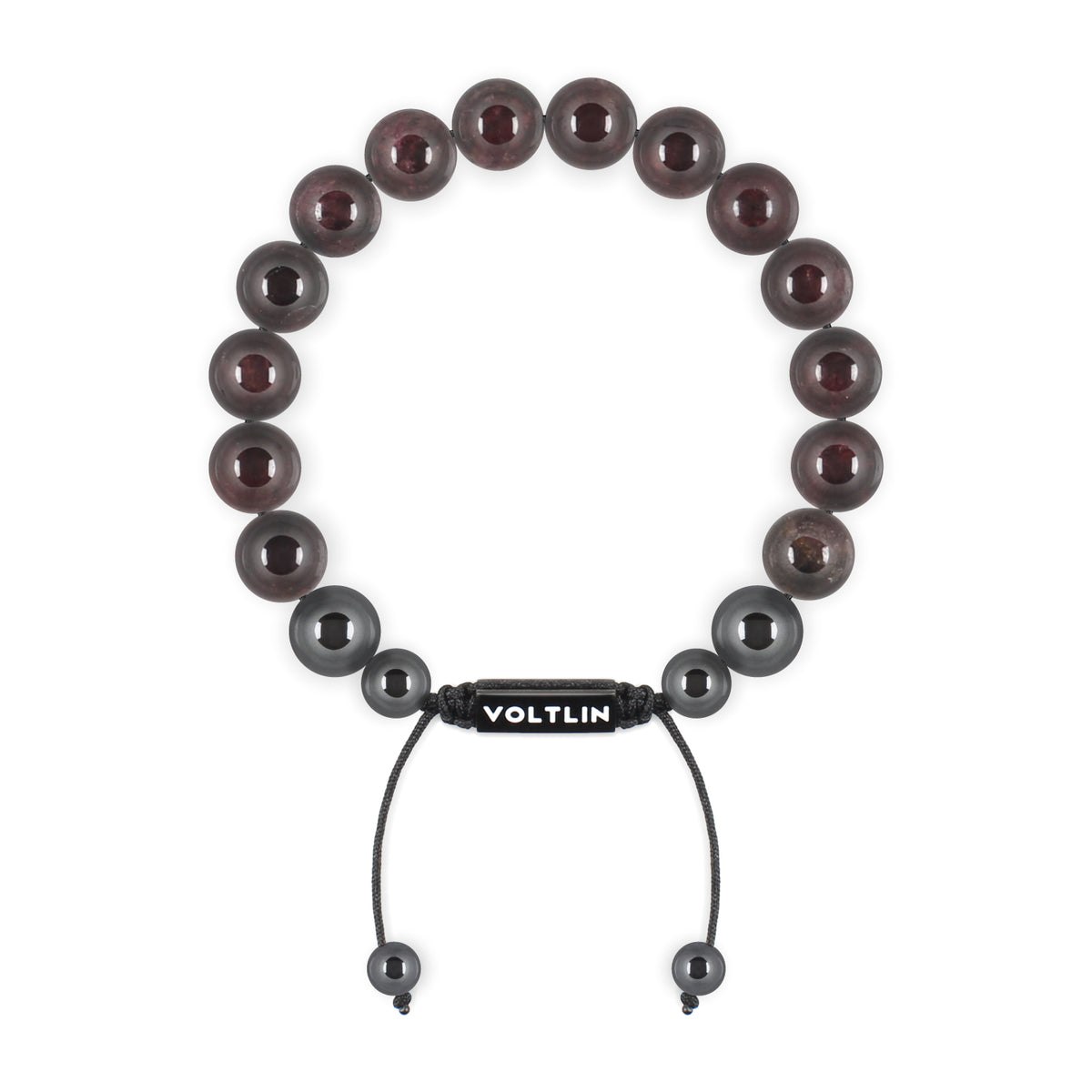 Top view of a 10mm Smooth Garnet crystal beaded shamballa bracelet with black stainless steel logo bead made by Voltlin