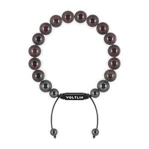 Top view of a 10mm Smooth Garnet crystal beaded shamballa bracelet with black stainless steel logo bead made by Voltlin