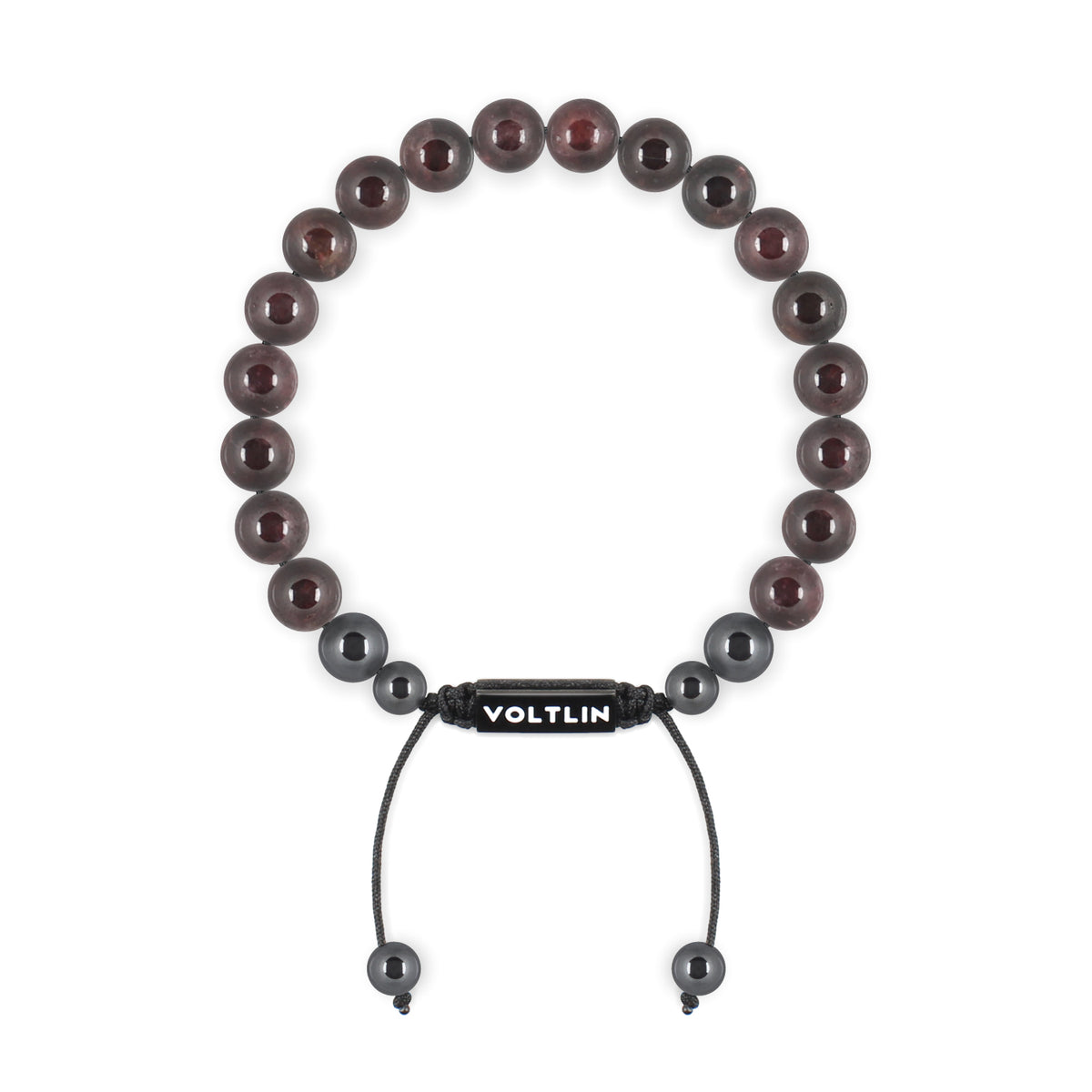 Top view of an 8mm Smooth Garnet crystal beaded shamballa bracelet with black stainless steel logo bead made by Voltlin