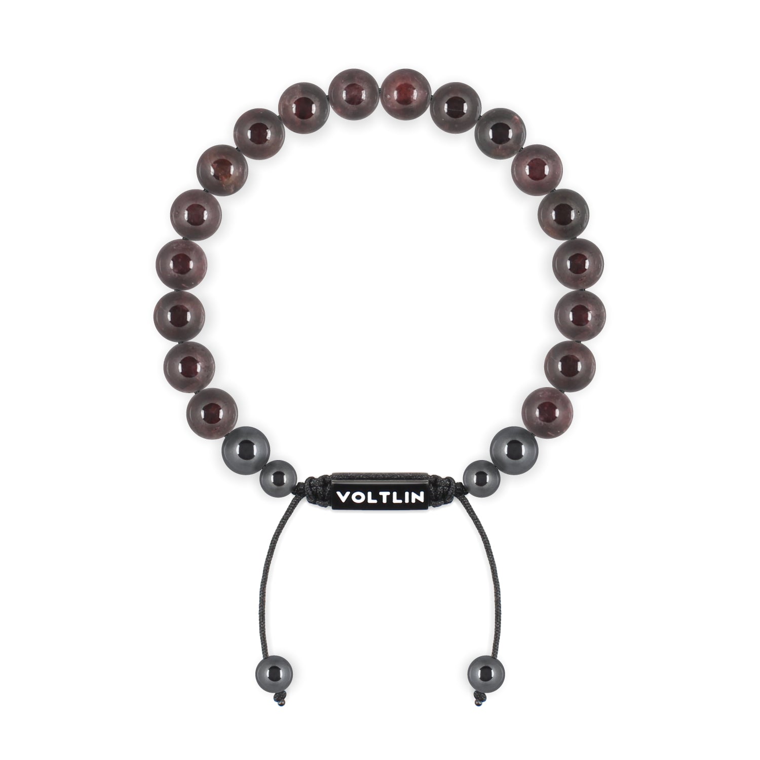 Top view of an 8mm Smooth Garnet crystal beaded shamballa bracelet with black stainless steel logo bead made by Voltlin
