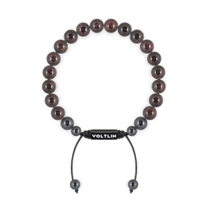 Top view of an 8mm Smooth Garnet crystal beaded shamballa bracelet with black stainless steel logo bead made by Voltlin