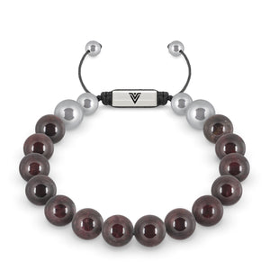 Front view of a 10mm Smooth Garnet beaded shamballa bracelet with silver stainless steel logo bead made by Voltlin