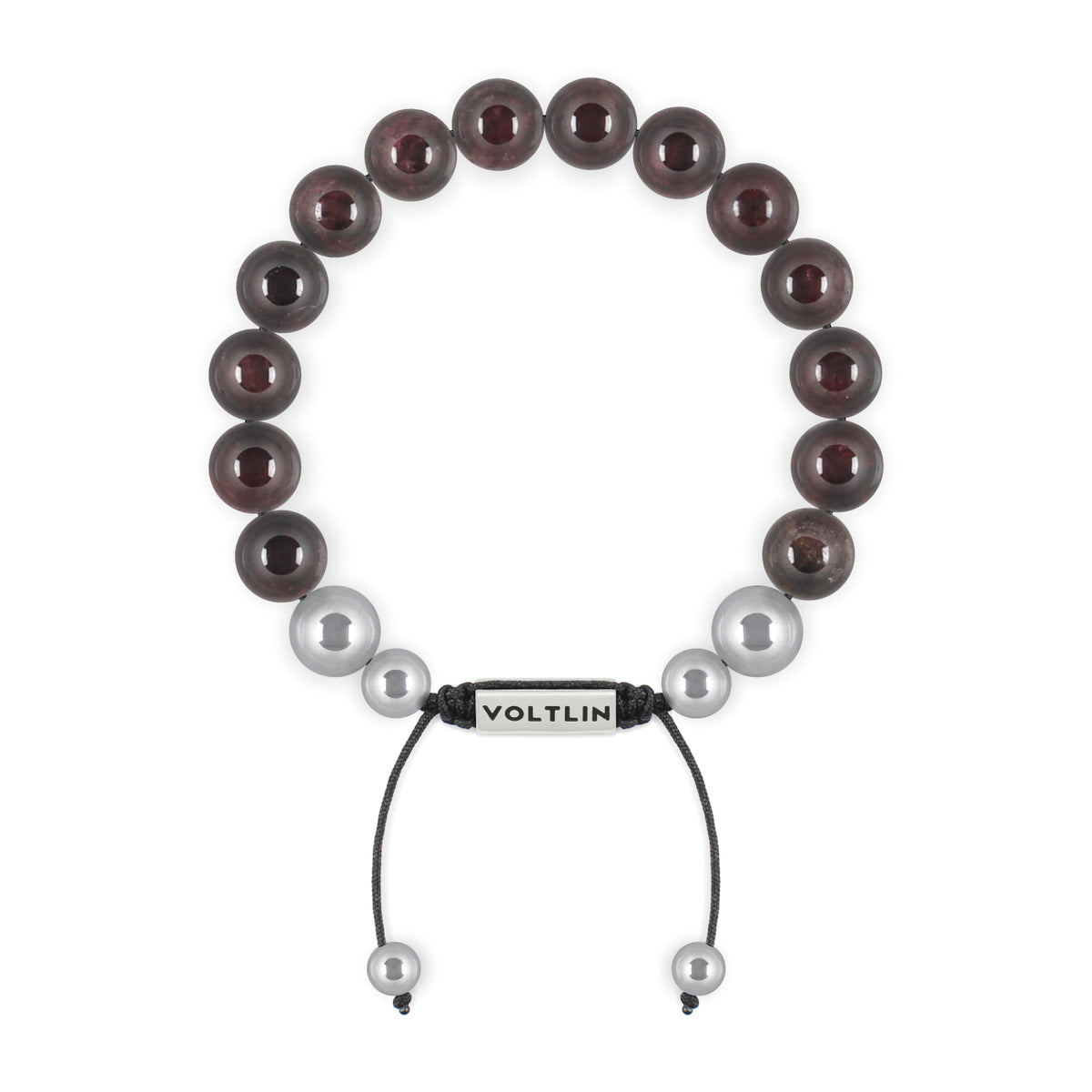 Top view of a 10mm Smooth Garnet beaded shamballa bracelet with silver stainless steel logo bead made by Voltlin