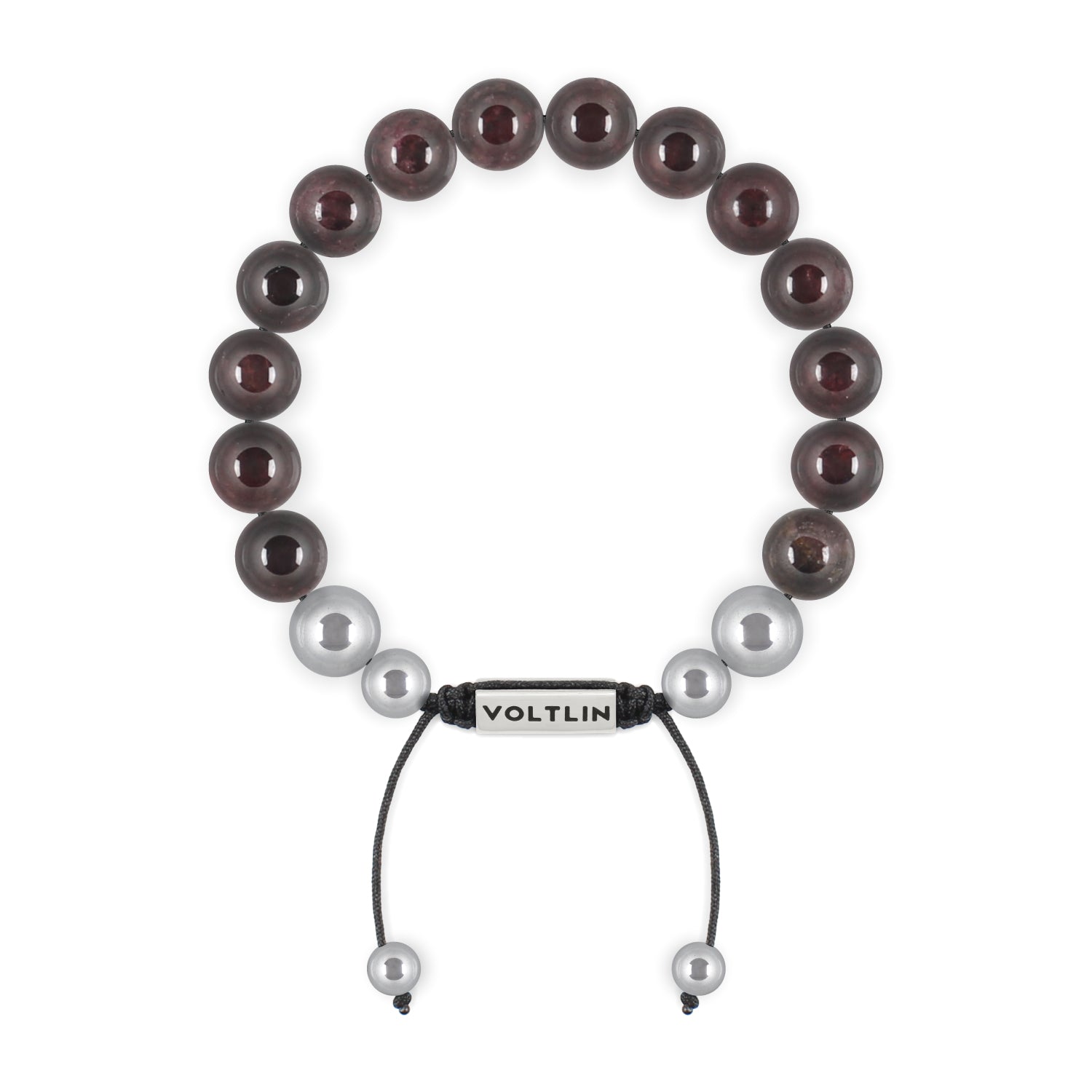 Top view of a 10mm Smooth Garnet beaded shamballa bracelet with silver stainless steel logo bead made by Voltlin
