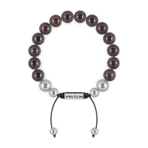 Top view of a 10mm Smooth Garnet beaded shamballa bracelet with silver stainless steel logo bead made by Voltlin