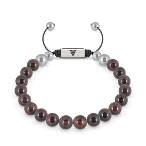 Front view of an 8mm Smooth Garnet beaded shamballa bracelet with silver stainless steel logo bead made by Voltlin