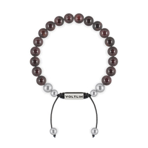 Top view of an 8mm Smooth Garnet beaded shamballa bracelet with silver stainless steel logo bead made by Voltlin