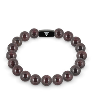 Front view of a 10mm Smooth Garnet crystal beaded stretch bracelet with black stainless steel logo bead made by Voltlin