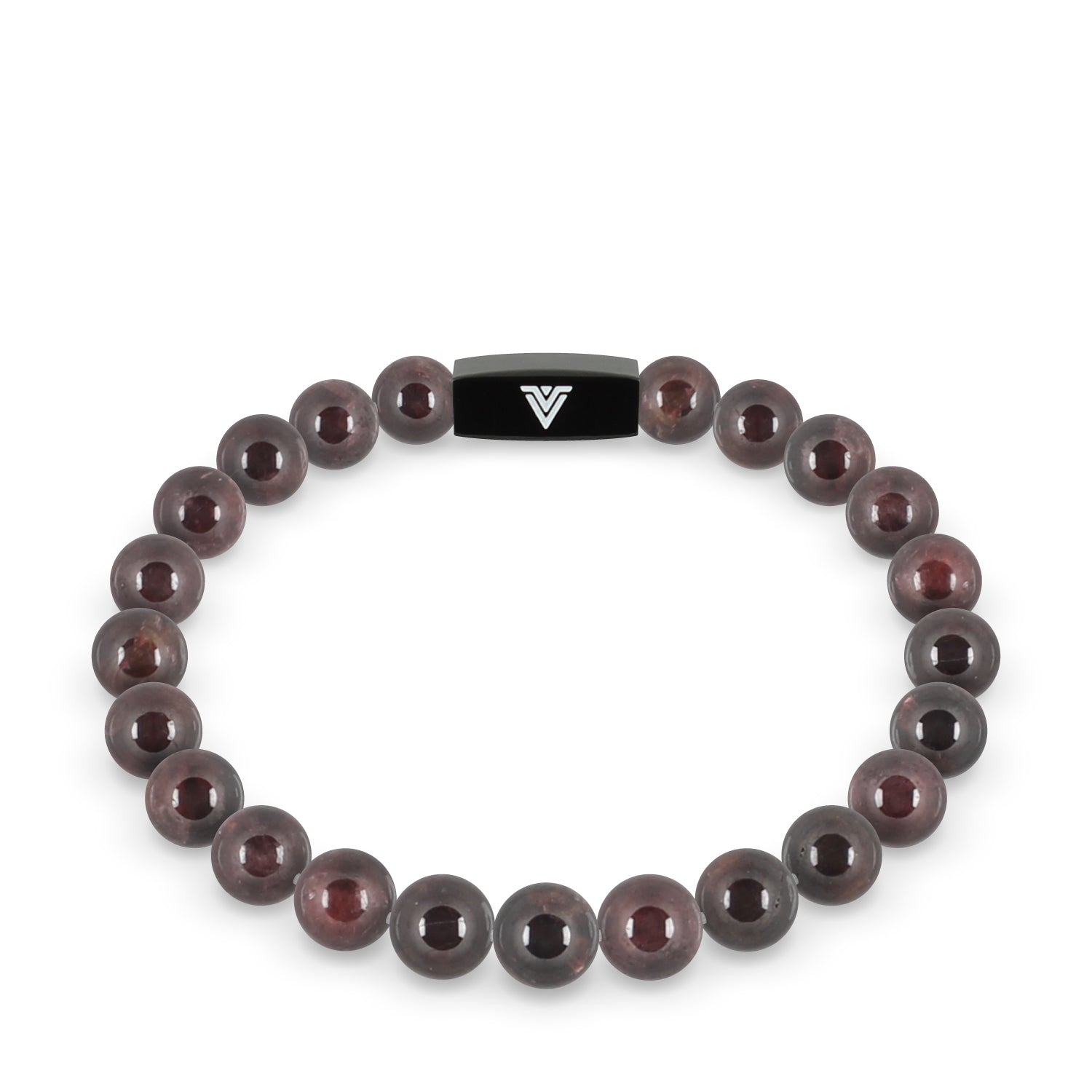 Front view of an 8mm Smooth Garnet crystal beaded stretch bracelet with black stainless steel logo bead made by Voltlin
