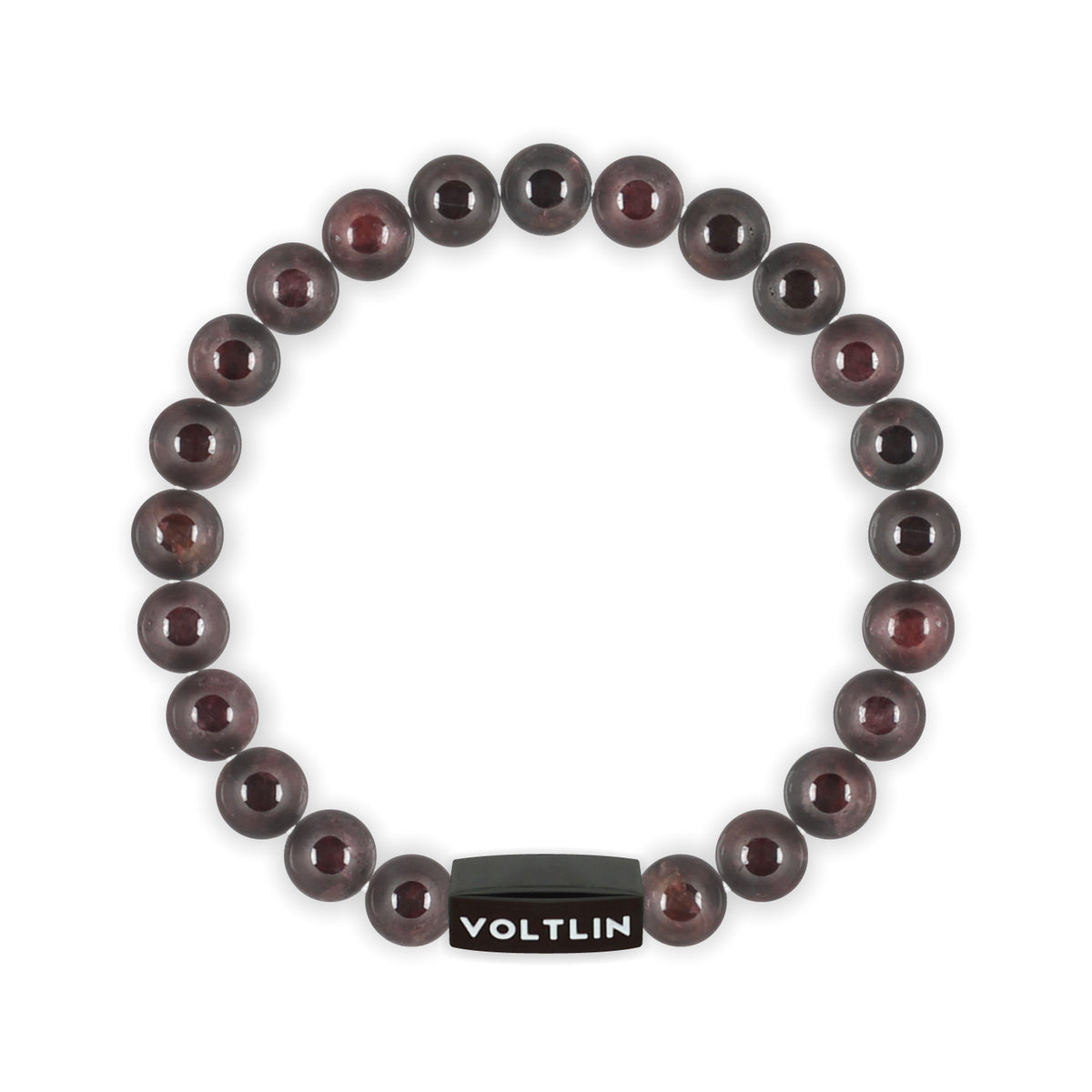 Top view of an 8mm Smooth Garnet crystal beaded stretch bracelet with black stainless steel logo bead made by Voltlin