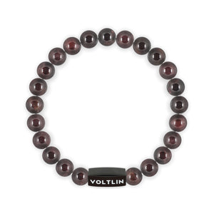 Top view of an 8mm Smooth Garnet crystal beaded stretch bracelet with black stainless steel logo bead made by Voltlin