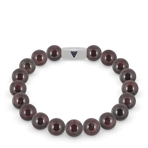 Front view of a 10mm Smooth Garnet Agate beaded stretch bracelet with silver stainless steel logo bead made by Voltlin