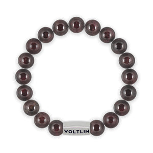 Top view of a 10mm Smooth Garnet Agate beaded stretch bracelet with silver stainless steel logo bead made by Voltlin