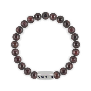 Top view of an 8mm Smooth Garnet Agate beaded stretch bracelet with silver stainless steel logo bead made by Voltlin