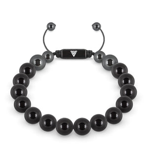 Front view of a 10mm Smooth Onyx crystal beaded shamballa bracelet with black stainless steel logo bead made by Voltlin