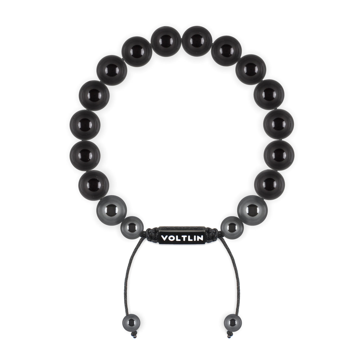 Top view of a 10mm Smooth Onyx crystal beaded shamballa bracelet with black stainless steel logo bead made by Voltlin