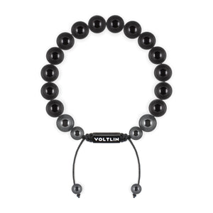 Top view of a 10mm Smooth Onyx crystal beaded shamballa bracelet with black stainless steel logo bead made by Voltlin