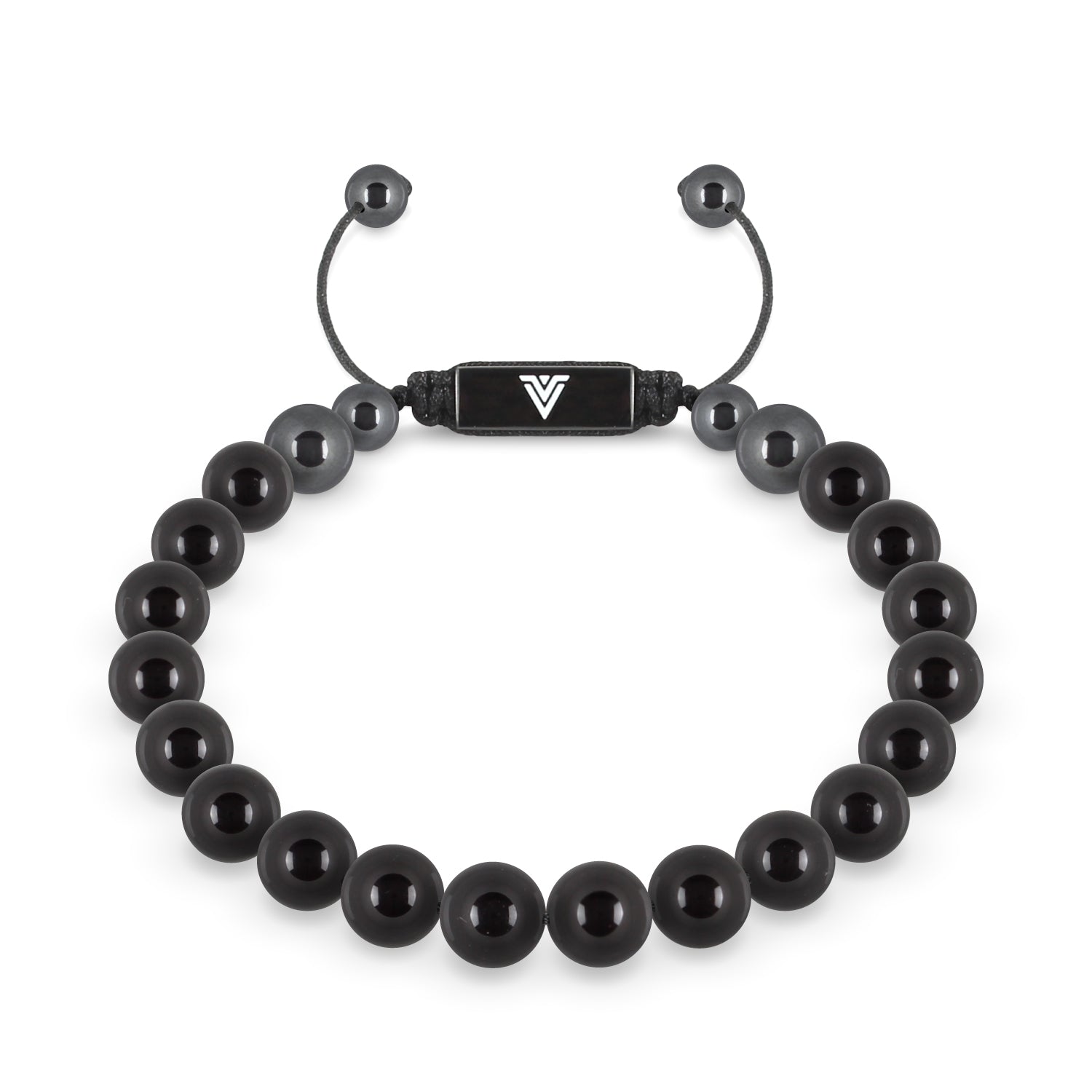 Front view of an 8mm Smooth Onyx crystal beaded shamballa bracelet with black stainless steel logo bead made by Voltlin