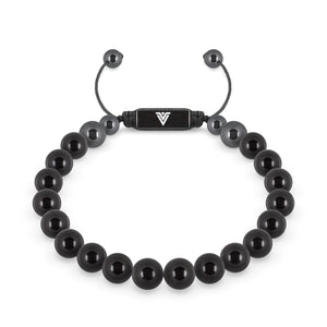 Front view of an 8mm Smooth Onyx crystal beaded shamballa bracelet with black stainless steel logo bead made by Voltlin
