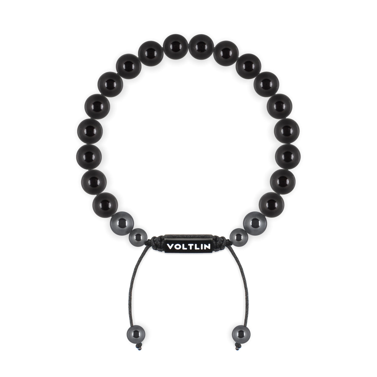 Top view of an 8mm Smooth Onyx crystal beaded shamballa bracelet with black stainless steel logo bead made by Voltlin