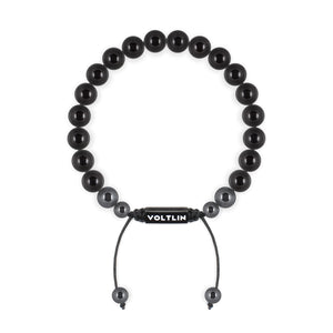 Top view of an 8mm Smooth Onyx crystal beaded shamballa bracelet with black stainless steel logo bead made by Voltlin