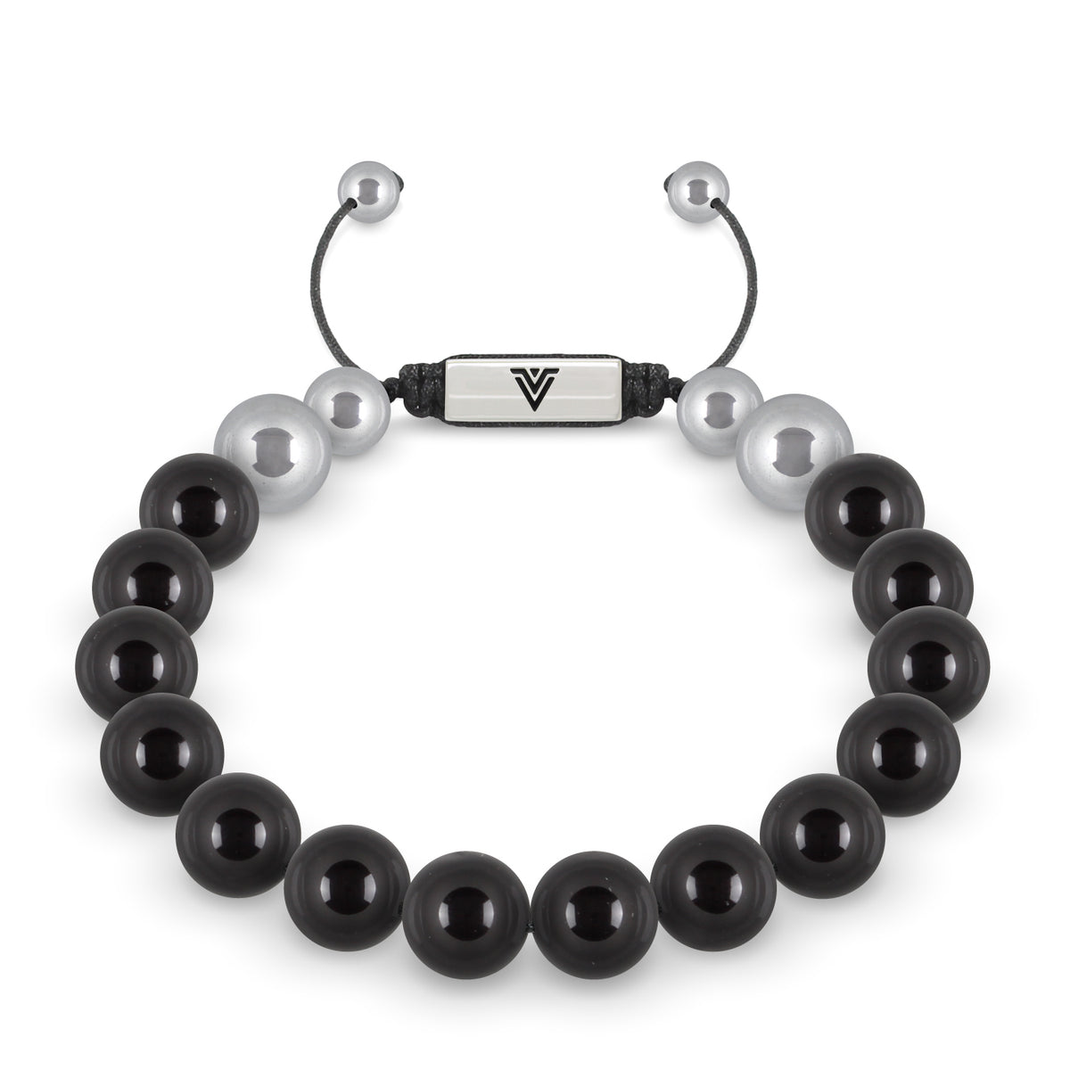 Front view of a 10mm Smooth Onyx beaded shamballa bracelet with silver stainless steel logo bead made by Voltlin