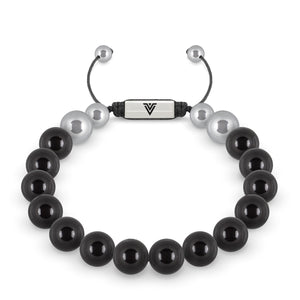 Front view of a 10mm Smooth Onyx beaded shamballa bracelet with silver stainless steel logo bead made by Voltlin