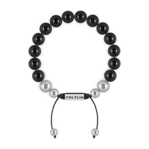 Top view of a 10mm Smooth Onyx beaded shamballa bracelet with silver stainless steel logo bead made by Voltlin